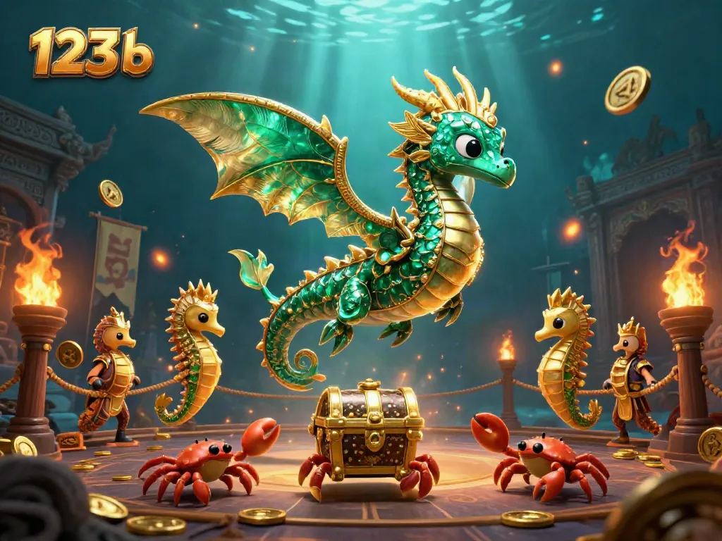 Bet on excitement with 123 b, featuring a vibrant underwater scene with a jeweled sea dragon and treasure.
