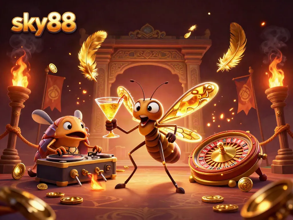 Experience sky88's vibrant casino energy with a lively 3D illustration featuring unique characters and elements.