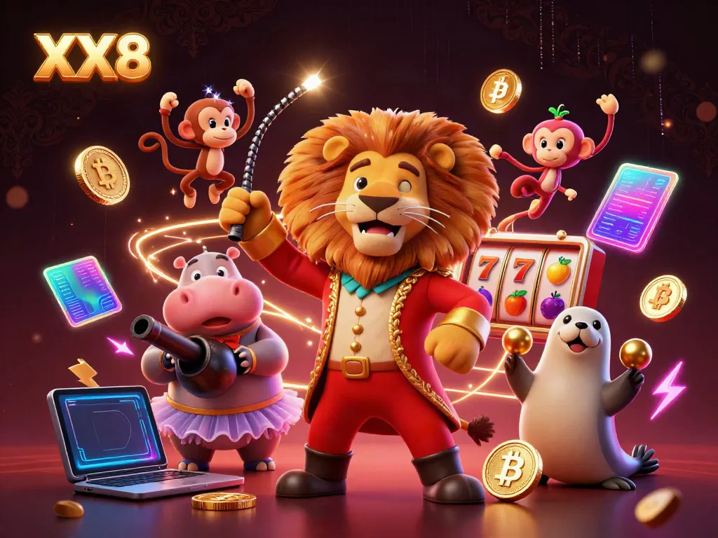 Experience thrilling gameplay with XX8 as circus characters celebrate slot jackpots and crypto wins