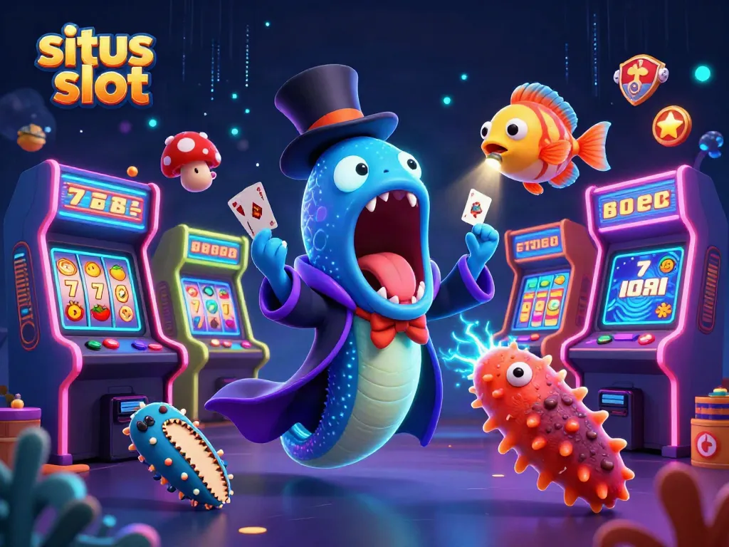Situs slot magic act with glowing slot reels and underwater characters in a vibrant casino scene