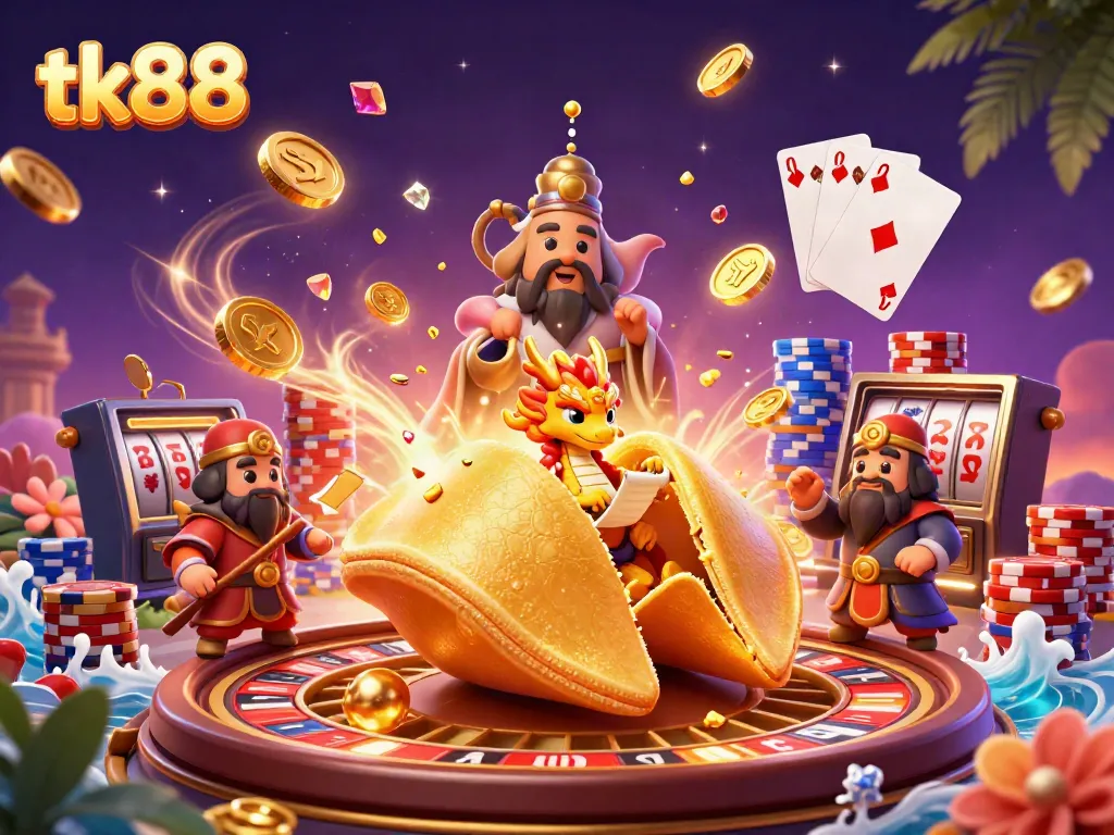 Engage in thrilling gameplay at tk88 with a giant golden fortune cookie and a wise dragon!
