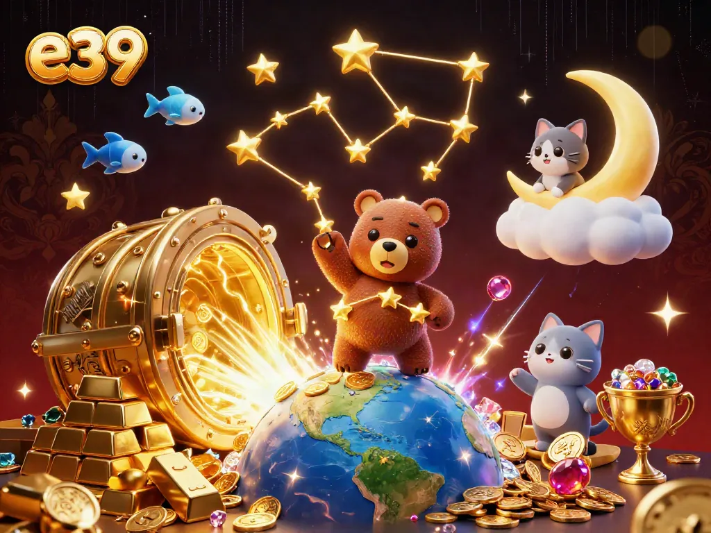 E39 players win coins with a bear and treasure scene in a dazzling casino universe