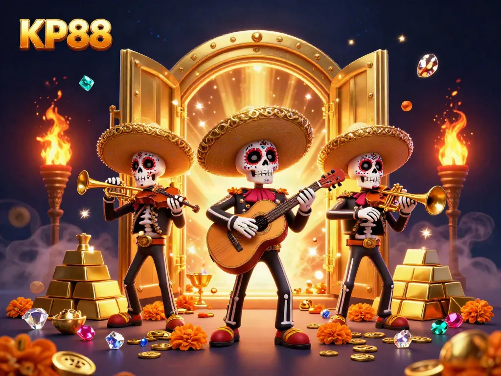 Experience the vibrant KP88 mariachi band amidst a treasure-filled casino scene.