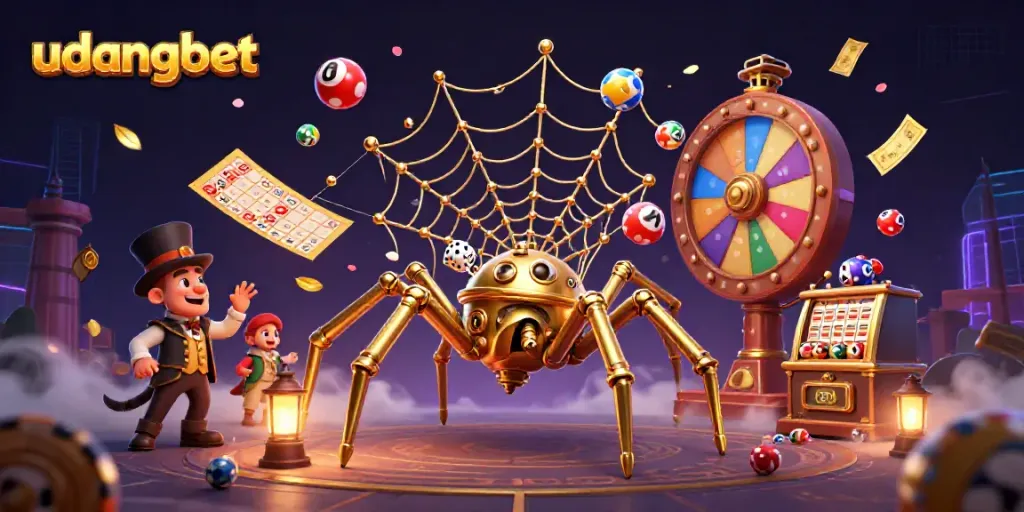 Engage in thrilling gaming action with udangbet's dynamic steampunk scene featuring colorful lottery balls.