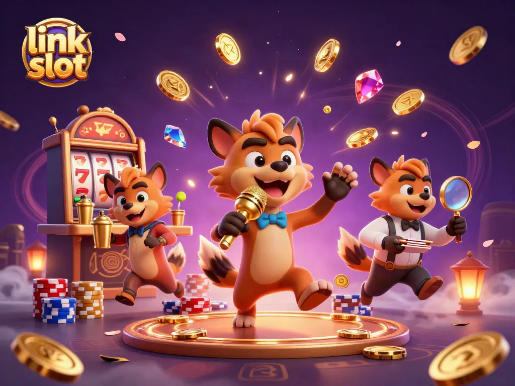 Experience the thrill of link slot gaming surrounded by vibrant characters and dazzling casino elements.