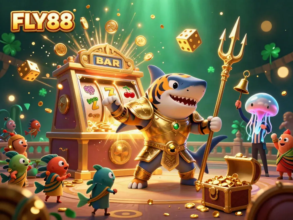 Experience thrilling gameplay with FLY88 in this vibrant underwater casino scene featuring a tiger shark and slot machines.