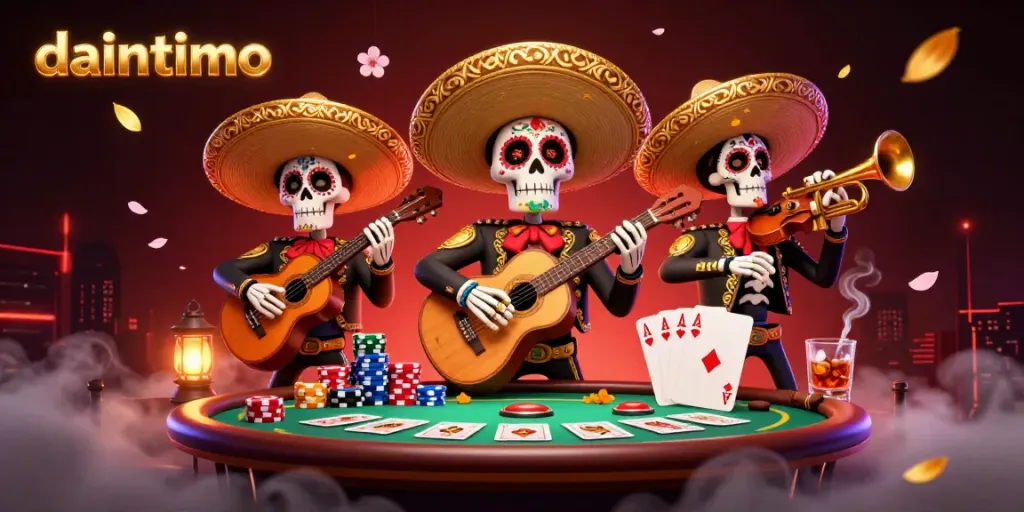 Pemain mariachi dengan tema Dia de los Muertos memainkan musik di meja poker daintimo yang dikelilingi tumpukan chip warna-warni.