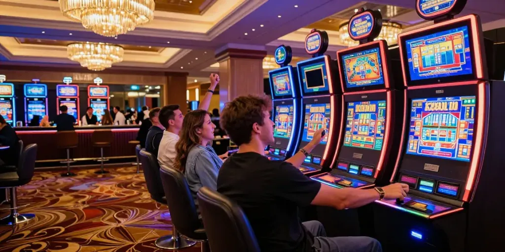 Exciting casino scene featuring players engaging with the janji33 resmi slot machine, showcasing vibrant energy and luxury.