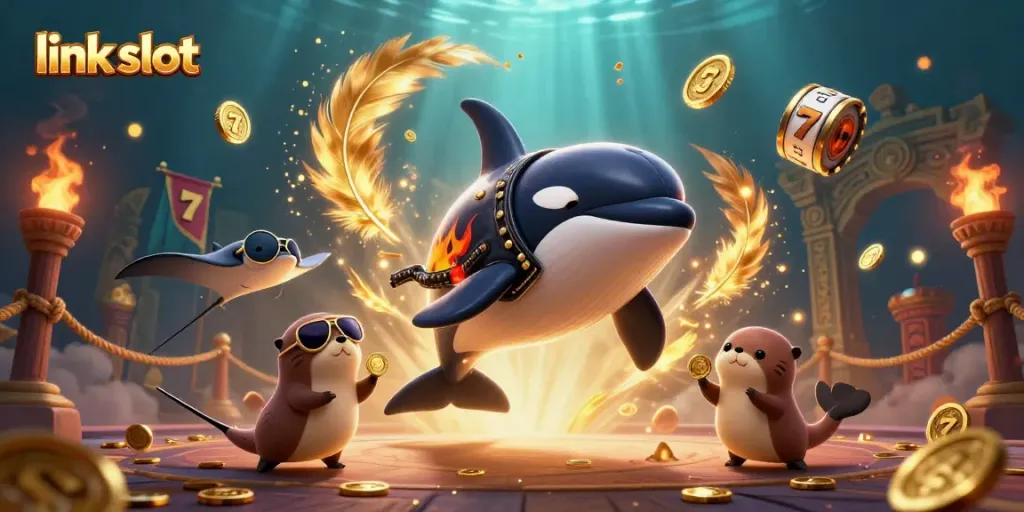 Engage in link slot games while an orca, stingray, and otters celebrate with golden coins.