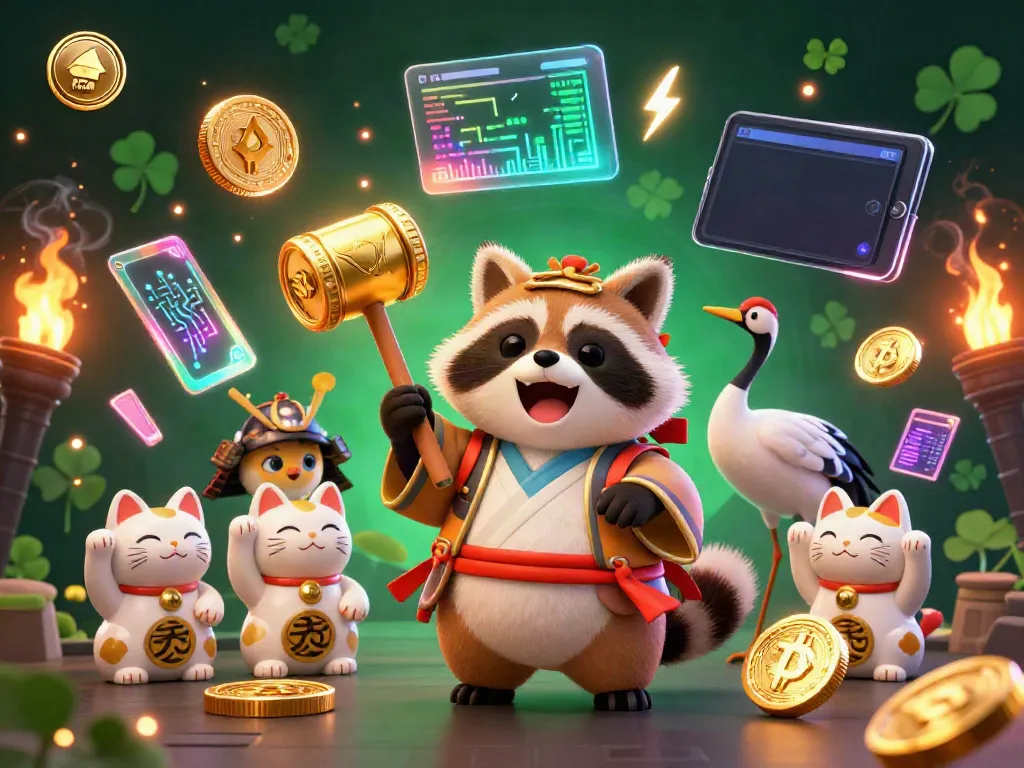 Kuwin showcases a vibrant scene with a cheerful tanuki in traditional attire, surrounded by crypto-themed elements.