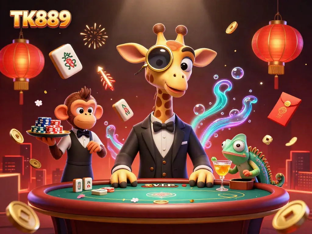 Experience thrilling games at TK889 while watching animated characters in a vibrant casino scene.