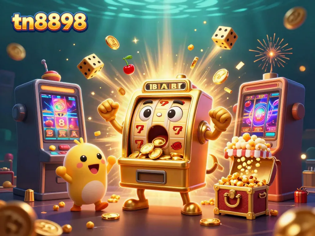 Spin the tn8898 slot machine as it hits the jackpot, showering coins in a vibrant casino scene.