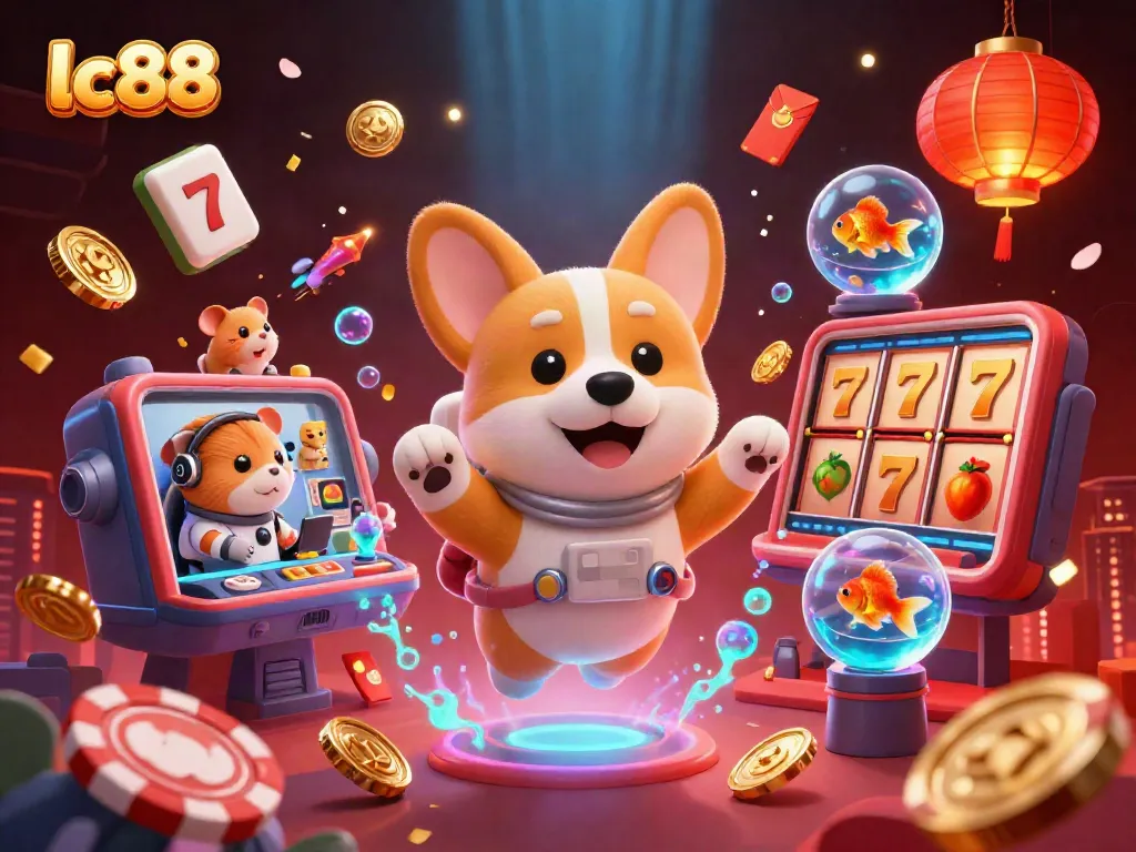 lc88 interactive casino scene featuring a playful astronaut corgi, hamster, and fish in action