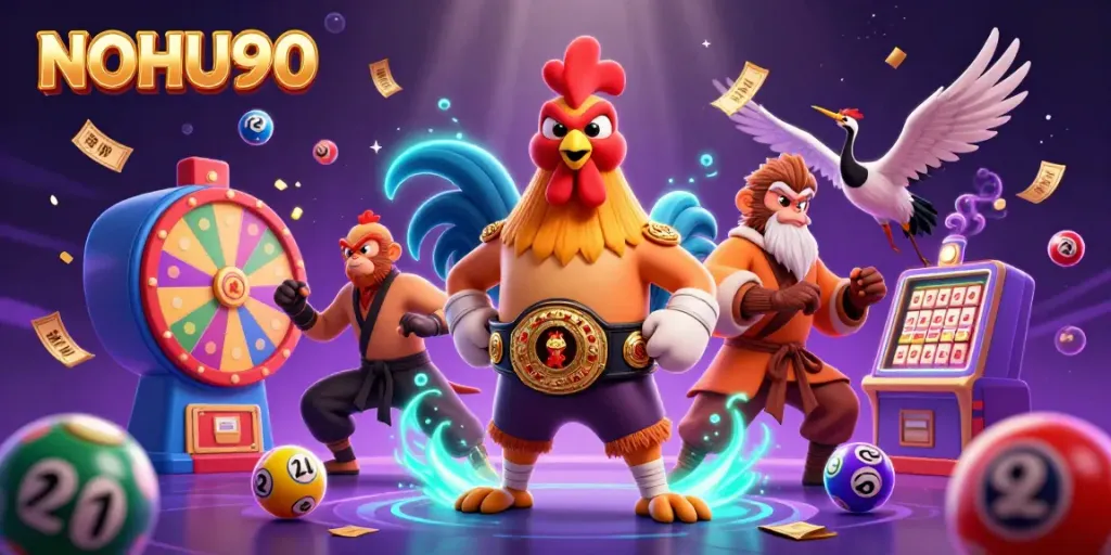 Experience thrilling jackpots with NOHU90 in a vibrant casino scene featuring unique characters.