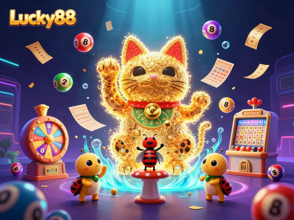 Experience the vibrant world of Lucky88 with dynamic illustrations of a lucky cat and casino elements.