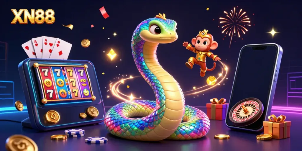 Engage with the exciting world of XN88, featuring a vibrant scene of a rainbow serpent and monkey king celebrating casino games.