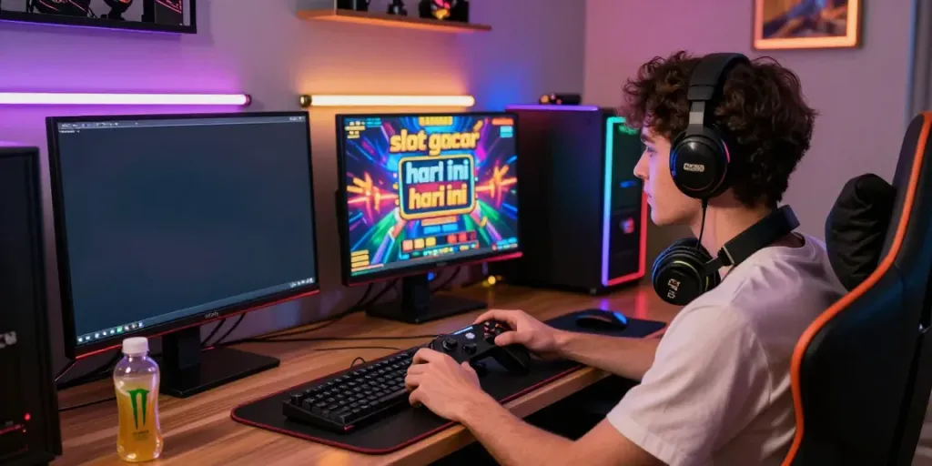 Player enthralled in a slot gacor hari ini gaming experience with vibrant colorful graphics and modern gaming equipment.
