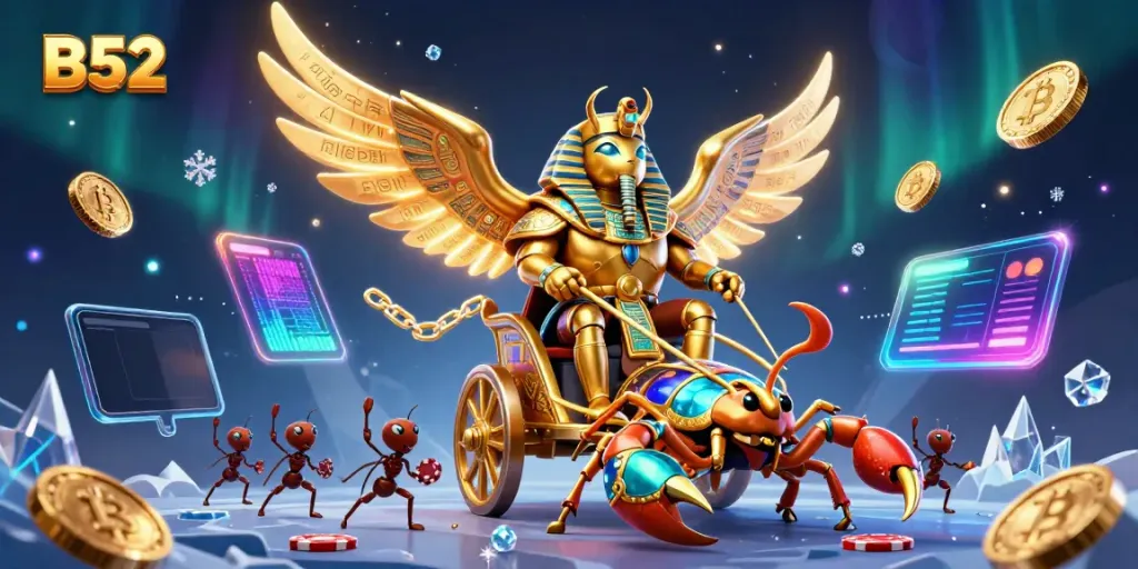 Place bets at B52 with a dazzling 3D scene of golden beetles and crypto coins