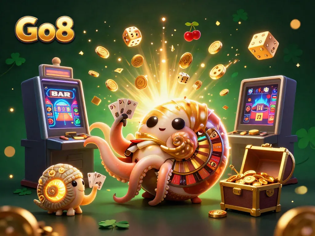 Experience the thrill of Go8 illustrated with a vibrant casino scene featuring a giant nautilus roulette wheel.