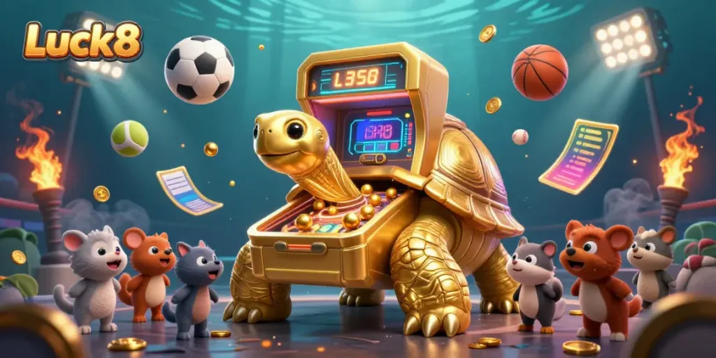 Experience the excitement of Luck8 with a golden tortoise pinball machine in a dynamic casino scene.