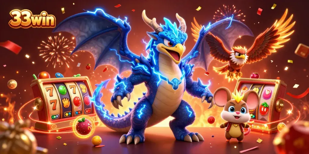 Engage with the electrifying world of 33win, showcasing dazzling slot games and vibrant characters.