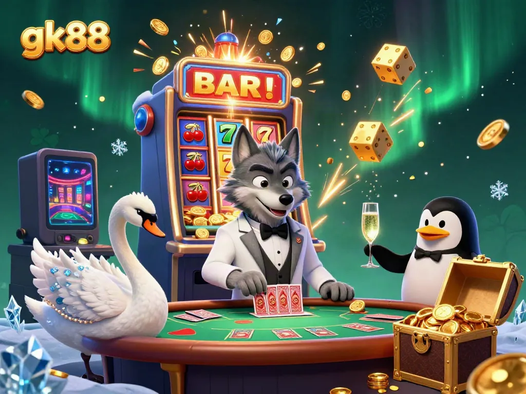Experience excitement with gk88 at an animated casino scene featuring vibrant characters and jackpot elements.