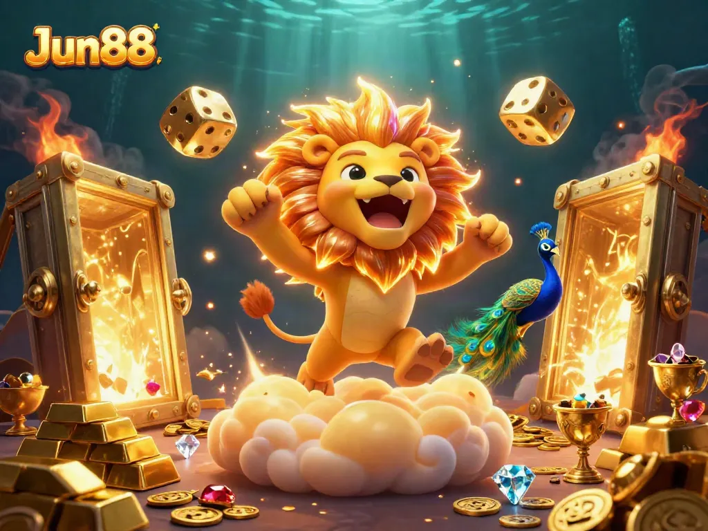 Experience the thrill of Jun88 with a stunning 3D casino scene showcasing a roaring lion and golden wealth.