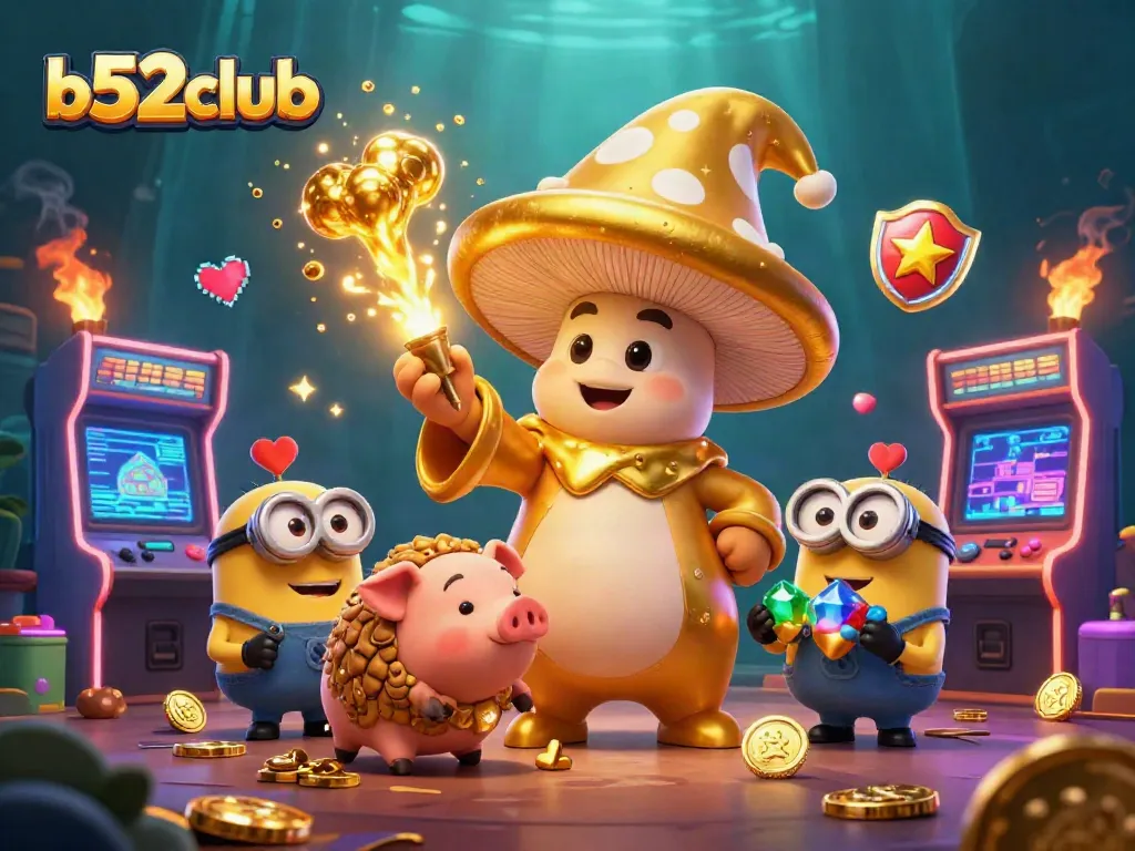 Experience the thrill of b52club with a vibrant scene of a golden mushroom wizard and treasure hunting!