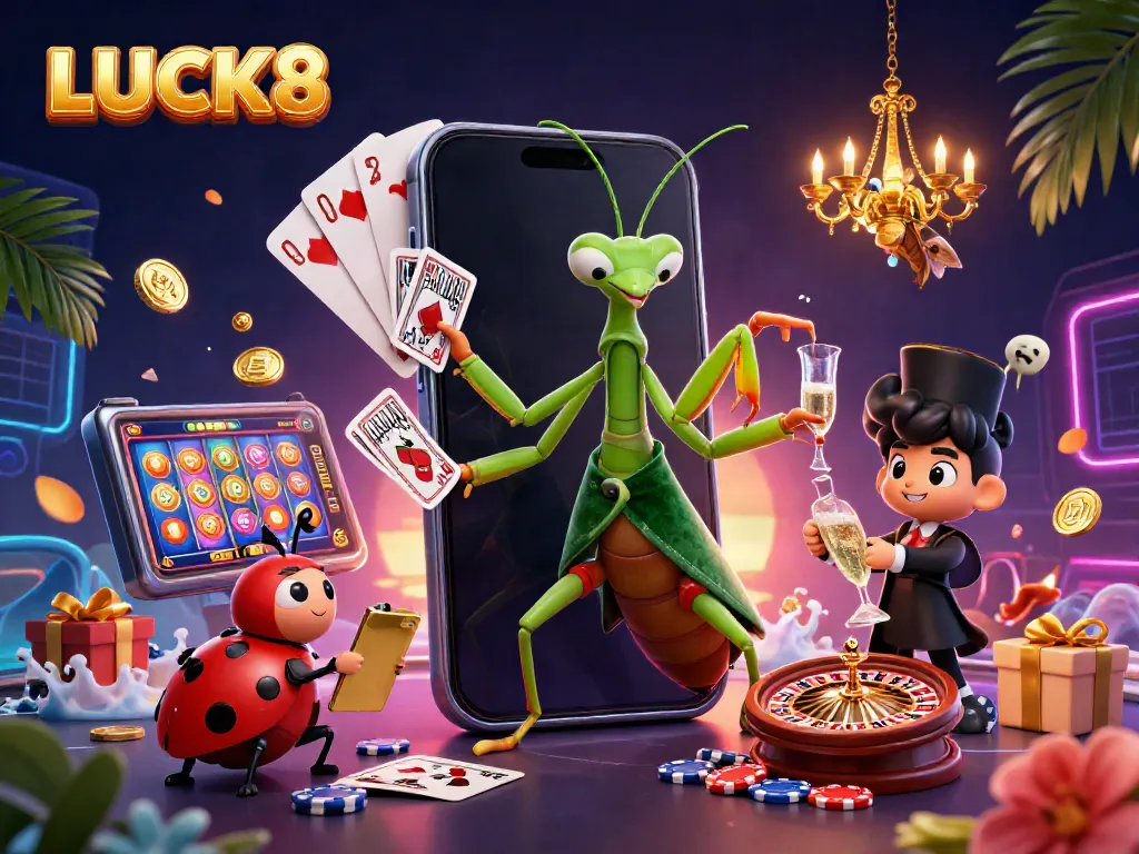 Experience thrilling gaming at LUCK8 with a vibrant 3D casino illustration showcasing a lively scene of a mantis card sharp and ladybug pit boss.