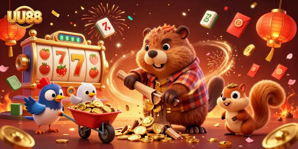 Win big with UU88 by experiencing thrilling gameplay amidst gold coins and vibrant celebration elements.