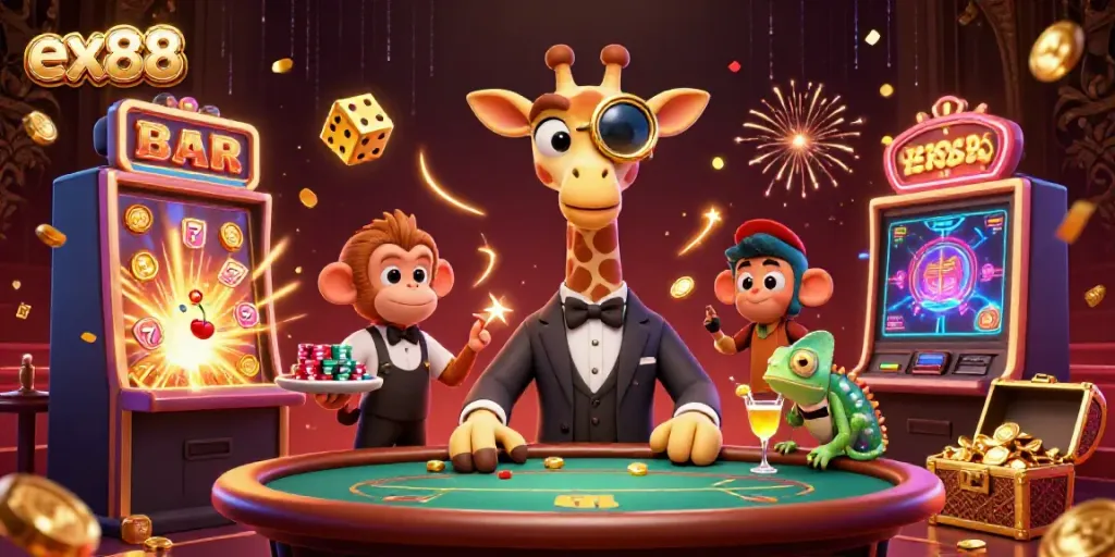 Experience the thrill of ex88 at a vibrant casino setting with high-roller characters and dynamic gambling elements.