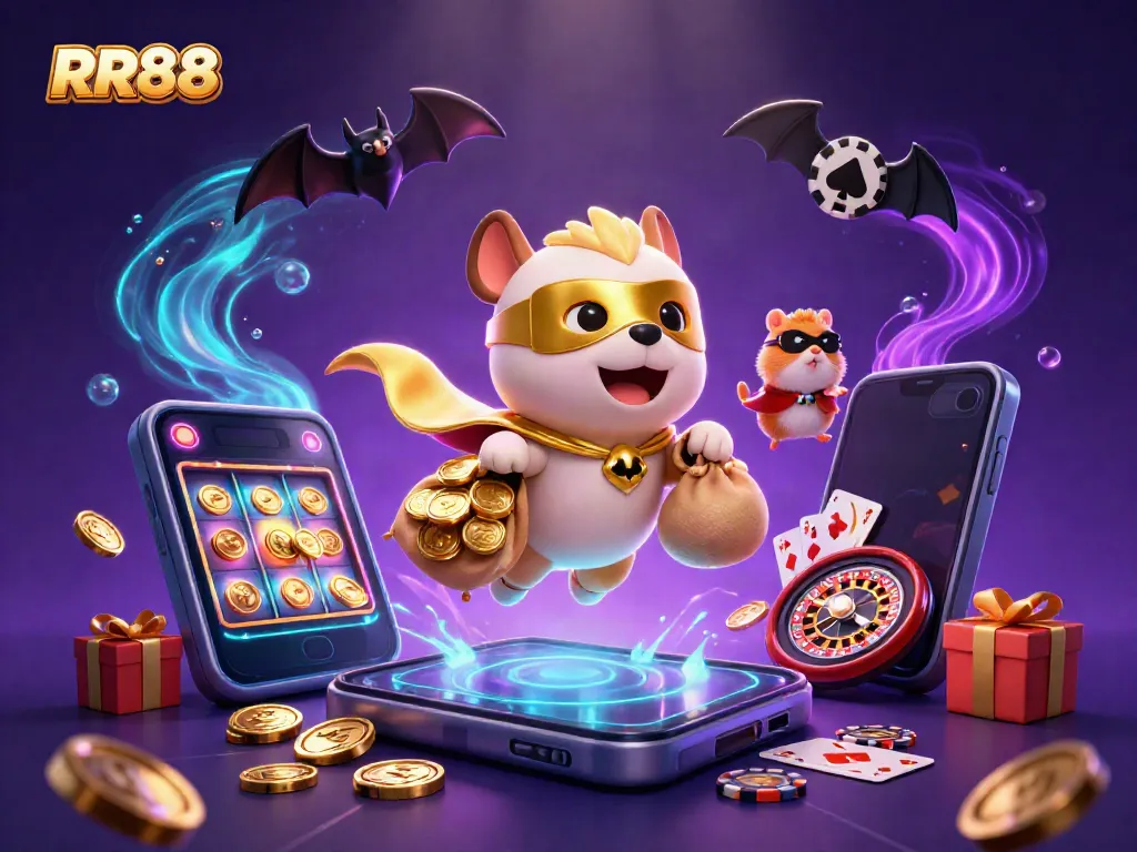 RR88 cartoon superhero dog and hamster soar over a vibrant casino scene filled with gold coins and gaming elements.