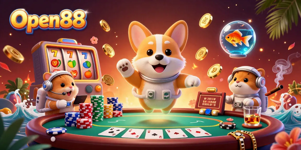 Join the excitement at Open88 with a 3D cartoon astronaut corgi floating in a celestial casino, surrounded by vibrant gaming elements.