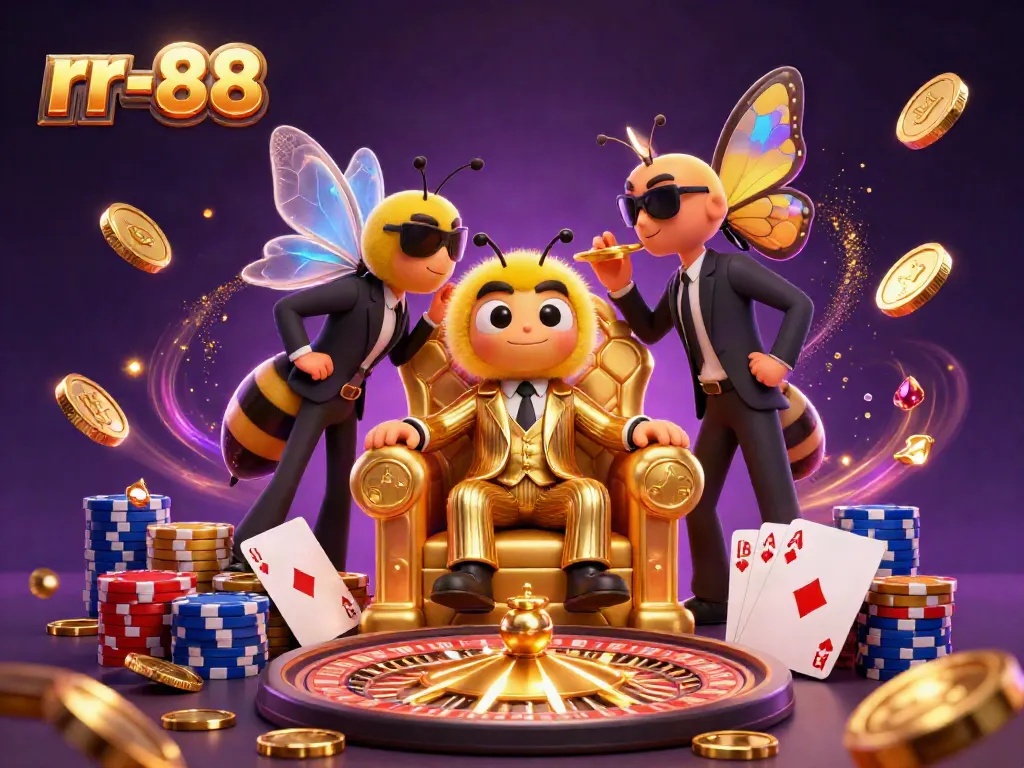 Experience the thrill of rr-88 with casino elements featuring golden coins, playing cards, and a vibrant backdrop.