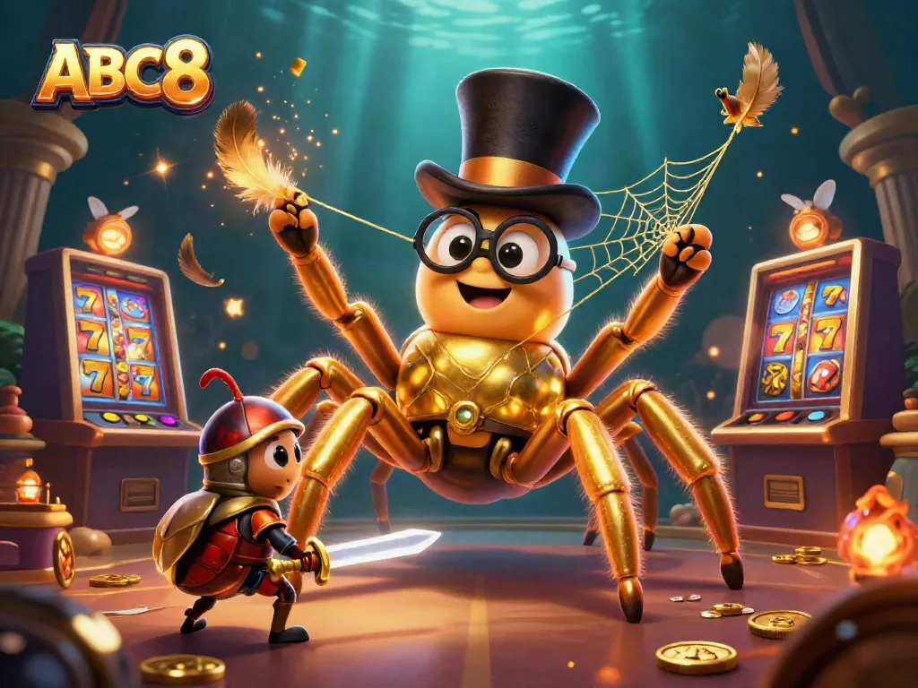 ABC8 offers thrilling casino games with a giant golden tarantula weaving a web of excitement.