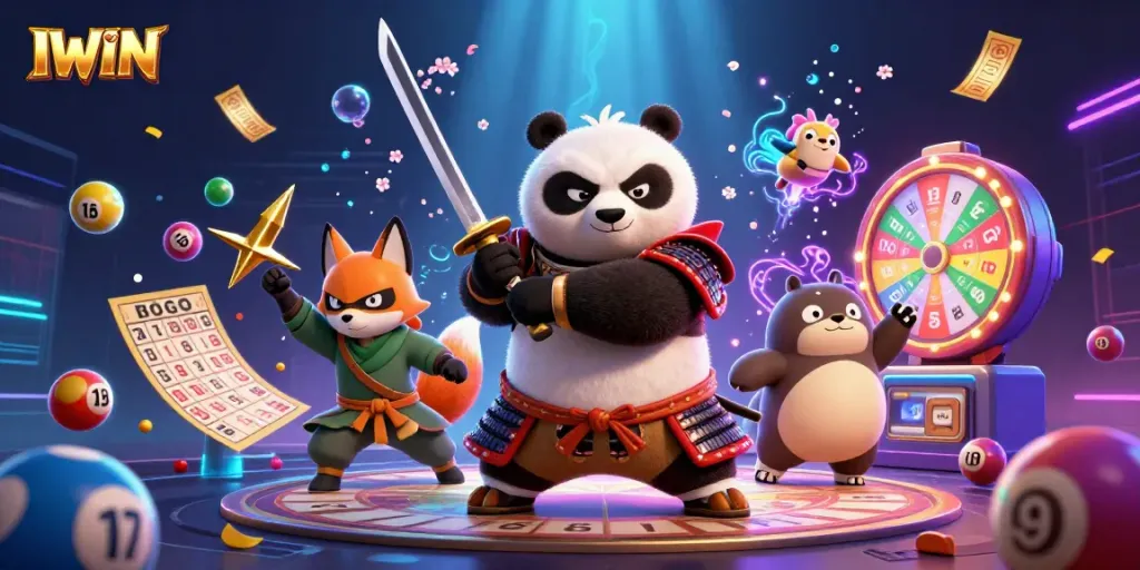 IWIN brings excitement with a vibrant lottery scene featuring dynamic characters and gaming elements.