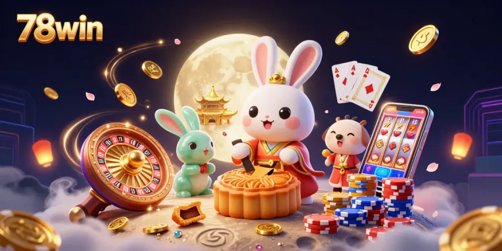Engage with thrilling gaming action on 78win as a moon rabbit reveals poker chips inside mooncakes.
