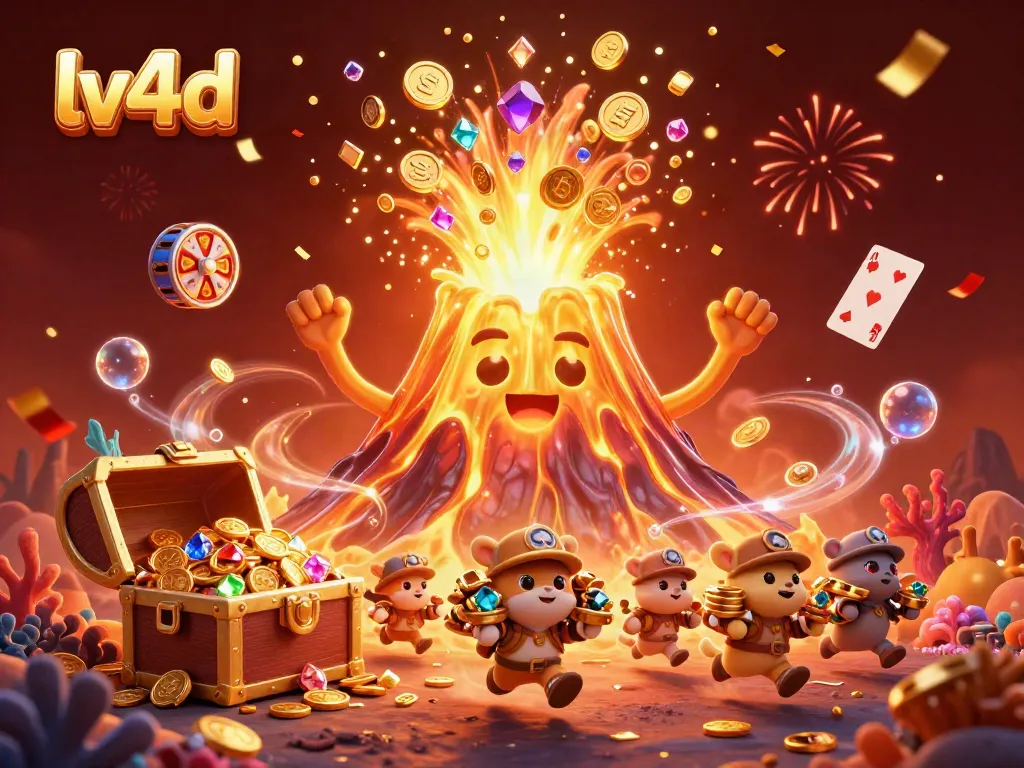 Experience the thrill of lv4d with a golden volcano erupting coins and treasures in this vibrant scene.