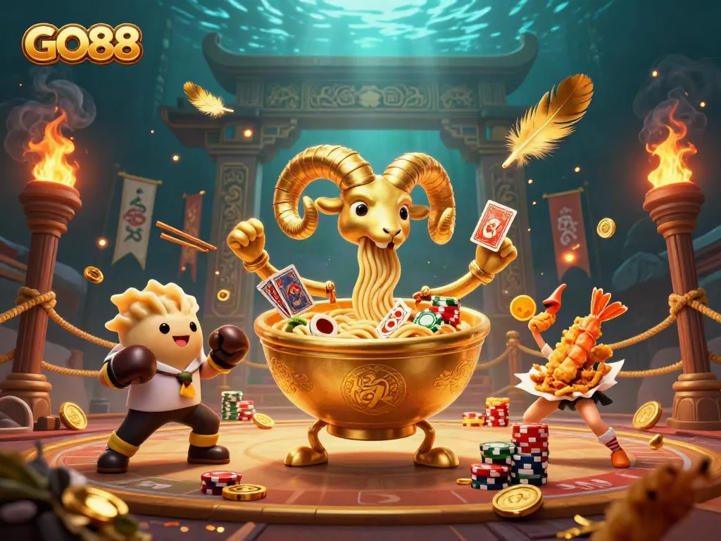 GO88 enjoys vibrant gaming dynamics featuring a golden ramen bowl dealer and lively casino elements.