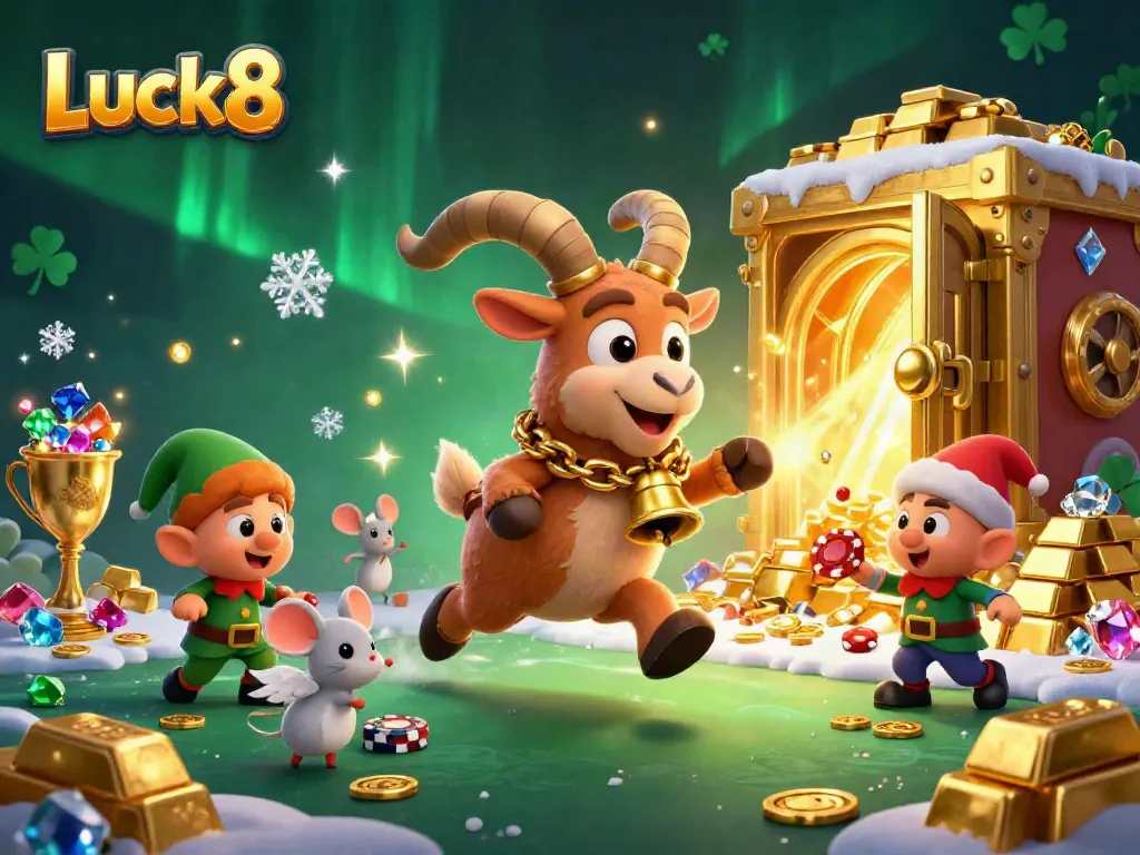 Luck8 Krampus goat oversees a lively holiday-horror casino atmosphere with playful elf gremlins stealing poker chips.