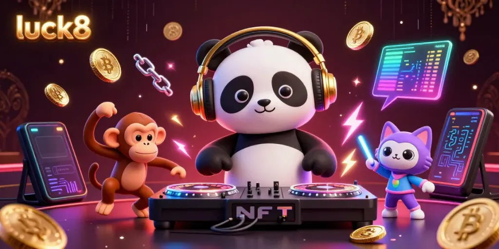 Explore luck8's vibrant casino scene with a DJ panda, spinning on roulette-themed turntables.