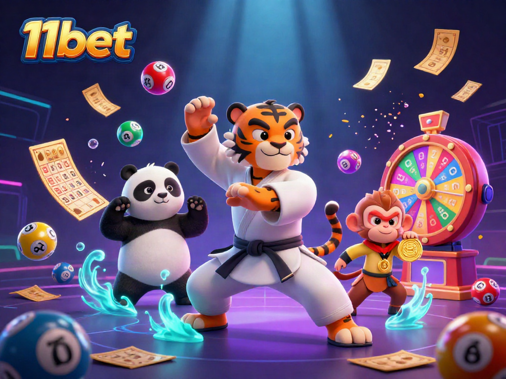 Engaging 11bet casino scene with cartoon characters and vibrant gaming elements in play.
