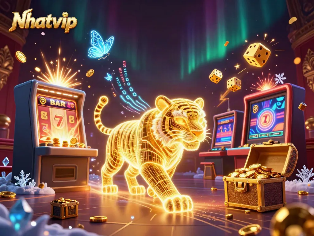 Nhatvip showcases vibrant 3D casino elements, including a golden tiger and explosive jackpots, creating an energetic gaming scene.