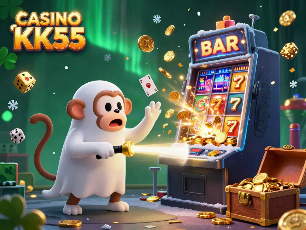Experience the thrill of CASINO KK55 with a playful poltergeist monkey in a vibrant haunted casino scene.