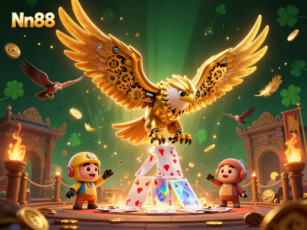Experience the thrill of Nn88 with a stunning 3D illustration showcasing a golden eagle amidst dazzling casino elements and holographic cards.