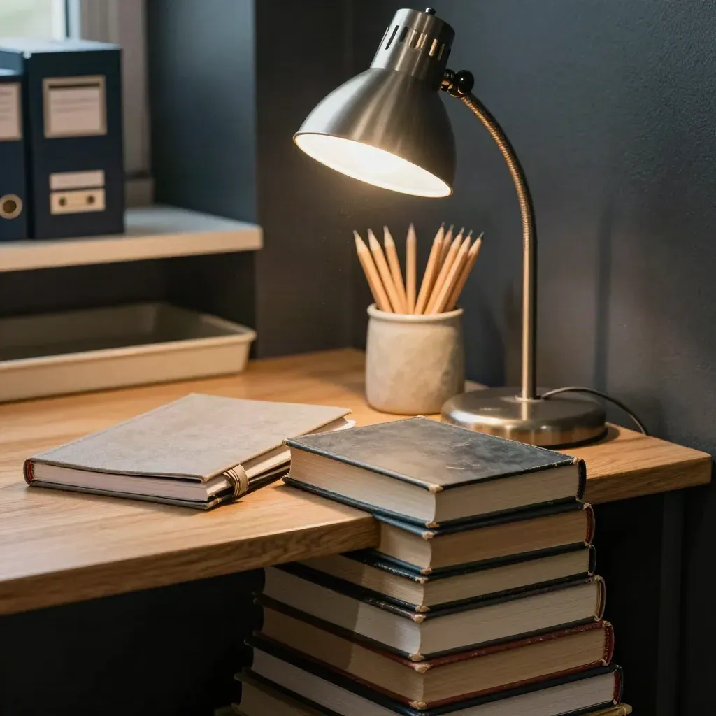 Biblioteczny kącik nauki z książkami, notatnikami, pojemnikiem na ołówki i lampą.