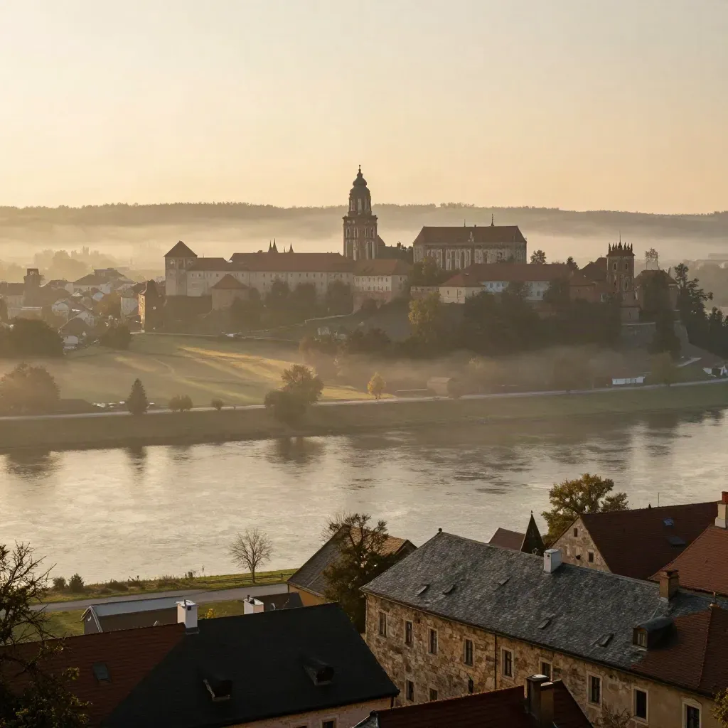Wawel i dachy Krakowa nad mglistą Wisłą w złotej godzinie, z pustym dołem kadru.