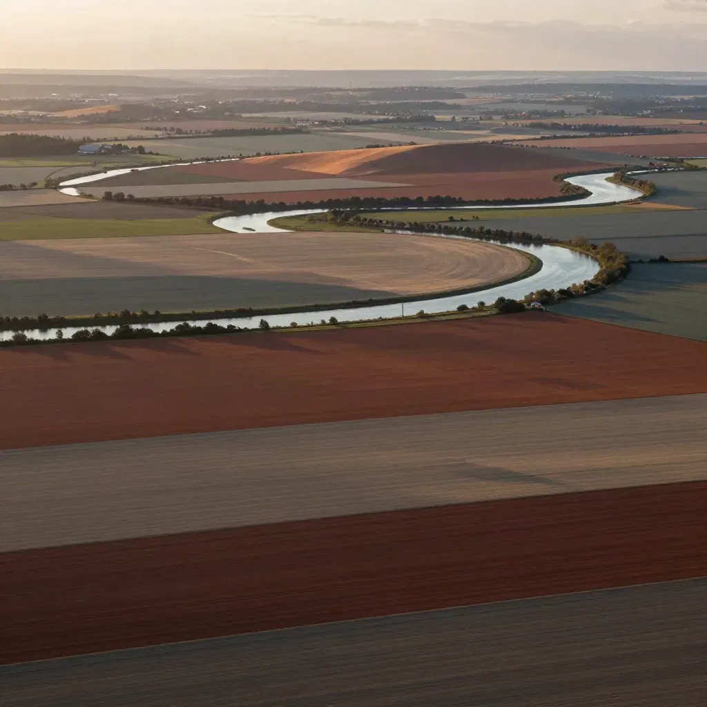 Lotniczy widok pól, rzeki i odległych miasteczek w ciepłym świetle