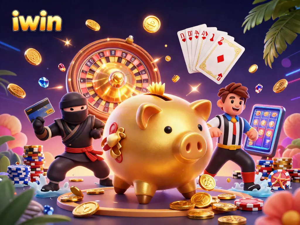 iwin features a golden piggy bank sumo wrestler amidst a dynamic casino scene with floating coins and cards.