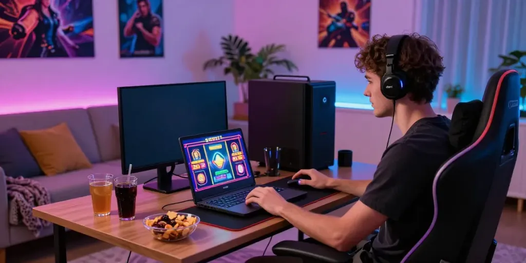 Engaging gaming experience on a laptop featuring link slot gacor in modern living room.